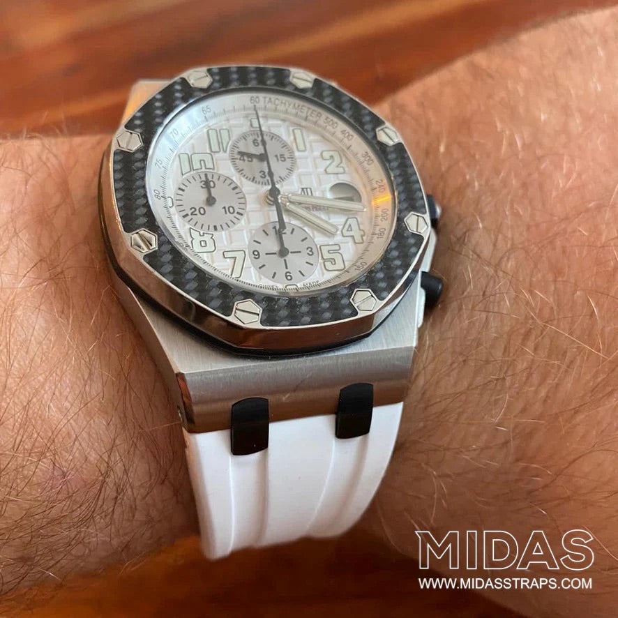 AP Royal Oak Offshore 42mm white rubber replacement strap worn on wrist poolside MIDAS