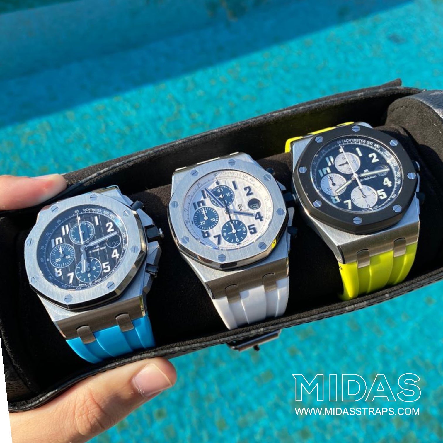 AP Royal Oak Offshore 15710ST green rubber strap wrist shot close up MIDAS straps
