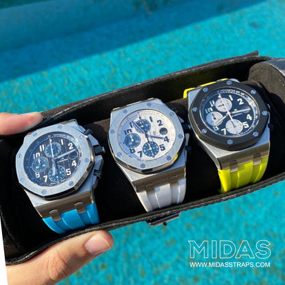 AP Royal Oak Offshore 15710ST green rubber strap wrist shot close up MIDAS straps