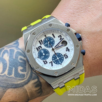 MIDAS AP Royal Oak Offshore Diver 15710ST acid green rubber replacement strap wrist shot