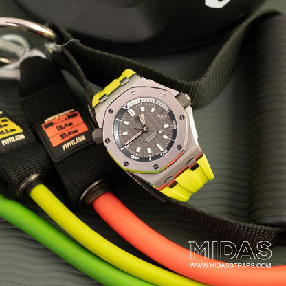 AP Royal Oak Offshore 42mm green rubber replacement strap worn on wrist poolside MIDAS