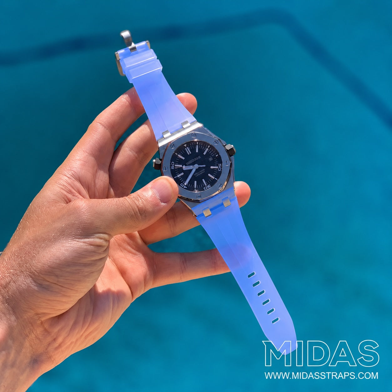 AP Royal Oak Offshore 15710ST 42mm ice blue clear rubber strap on wrist outdoor pool