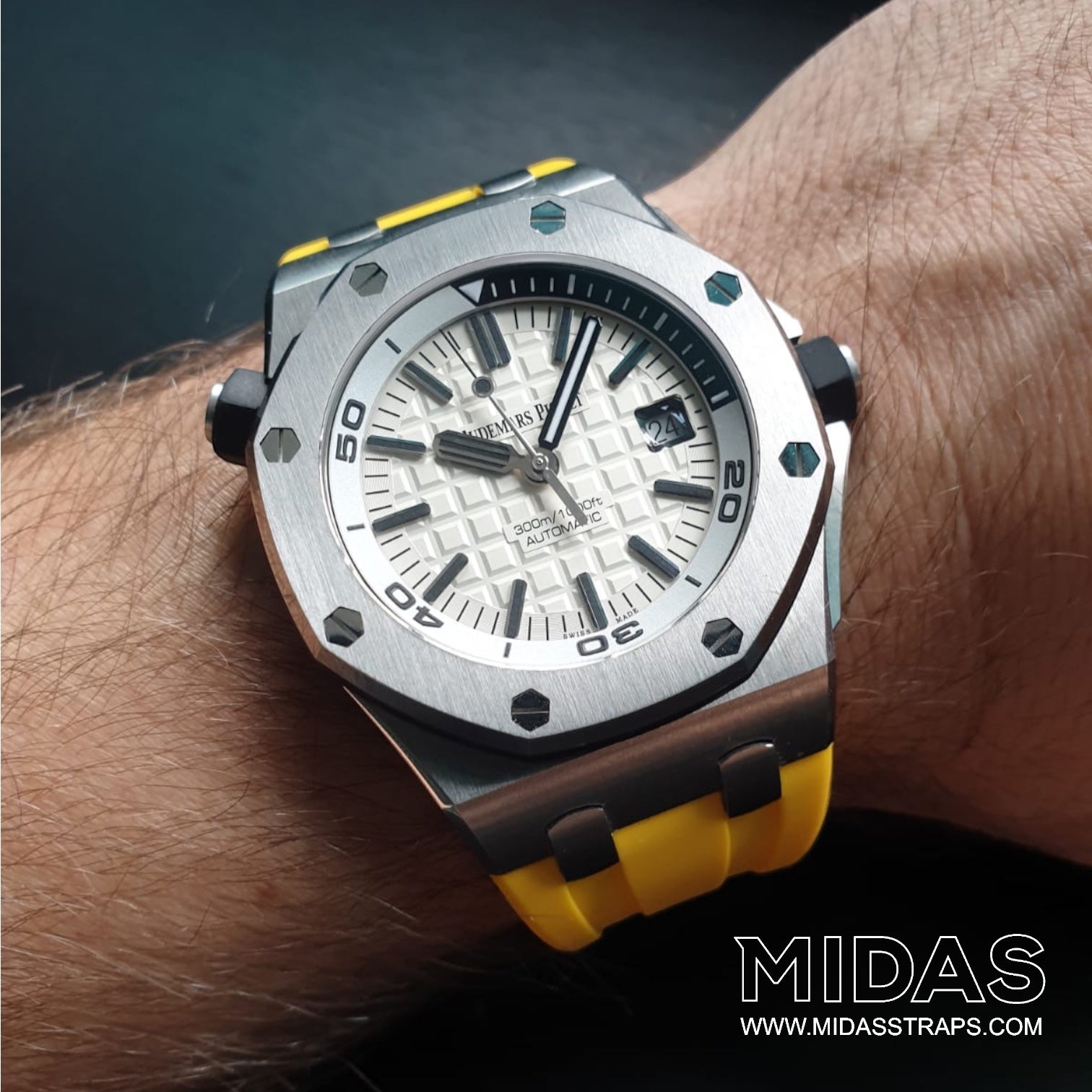 Audemars Piguet Royal Oak Offshore 42mm yellow rubber strap lifestyle poolside MIDAS