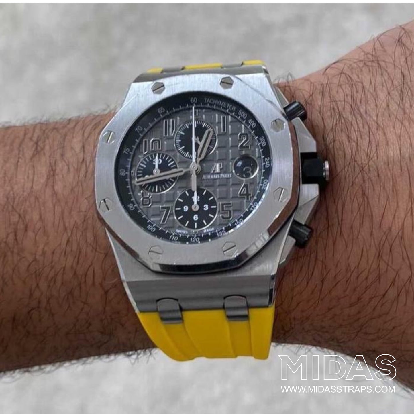 AP Royal Oak Offshore 15710ST yellow rubber strap wrist shot close up MIDAS straps