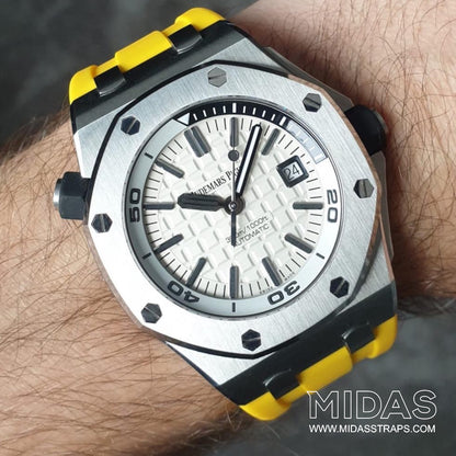 AP Royal Oak Offshore 42mm yellow rubber replacement strap worn on wrist poolside MIDAS