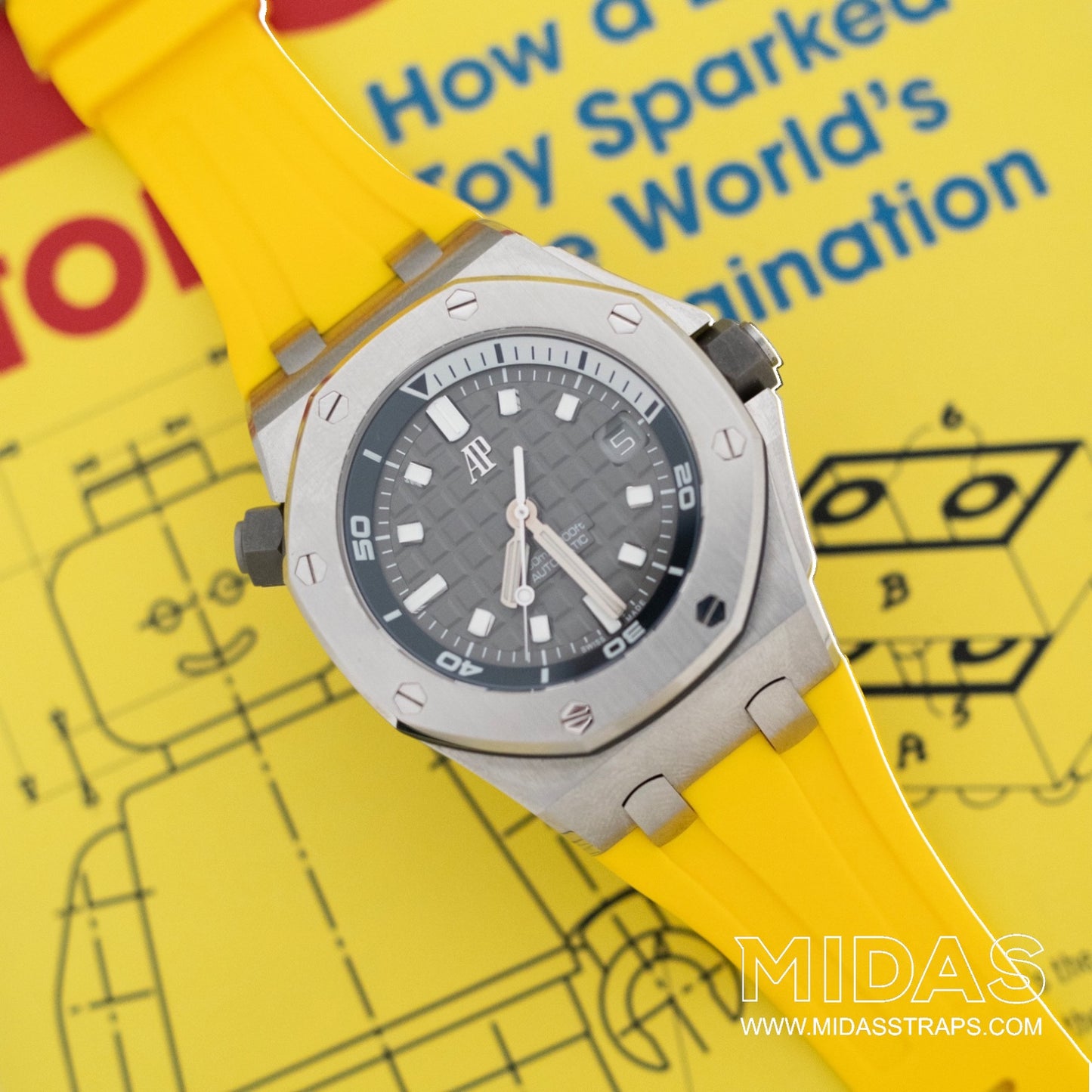 AP Royal Oak Offshore 15710ST yellow rubber strap wrist shot close up MIDAS straps