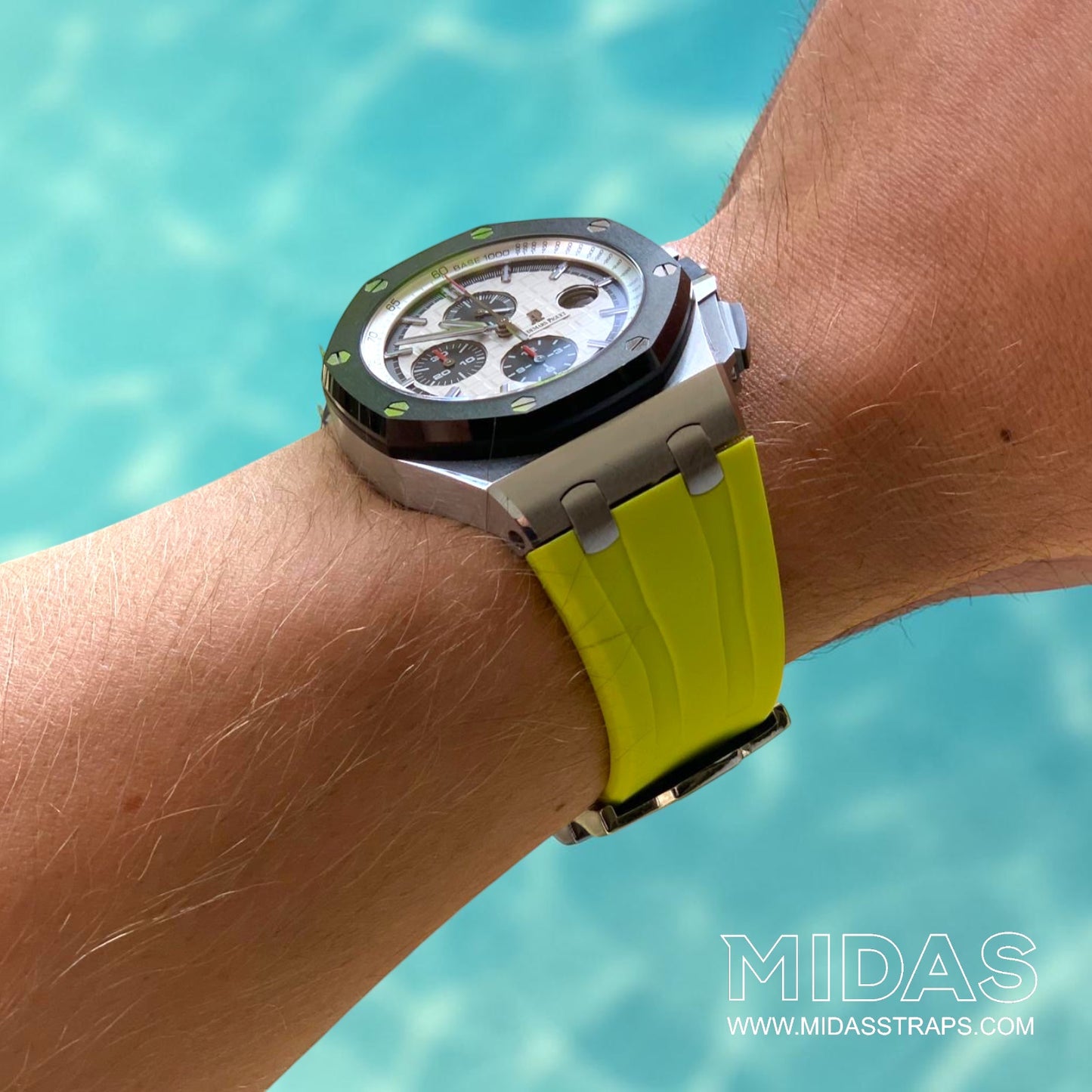 Rear wrist view of an AP Royal Oak Offshore 26400 fitted with an acid lime green replacement rubber strap.
