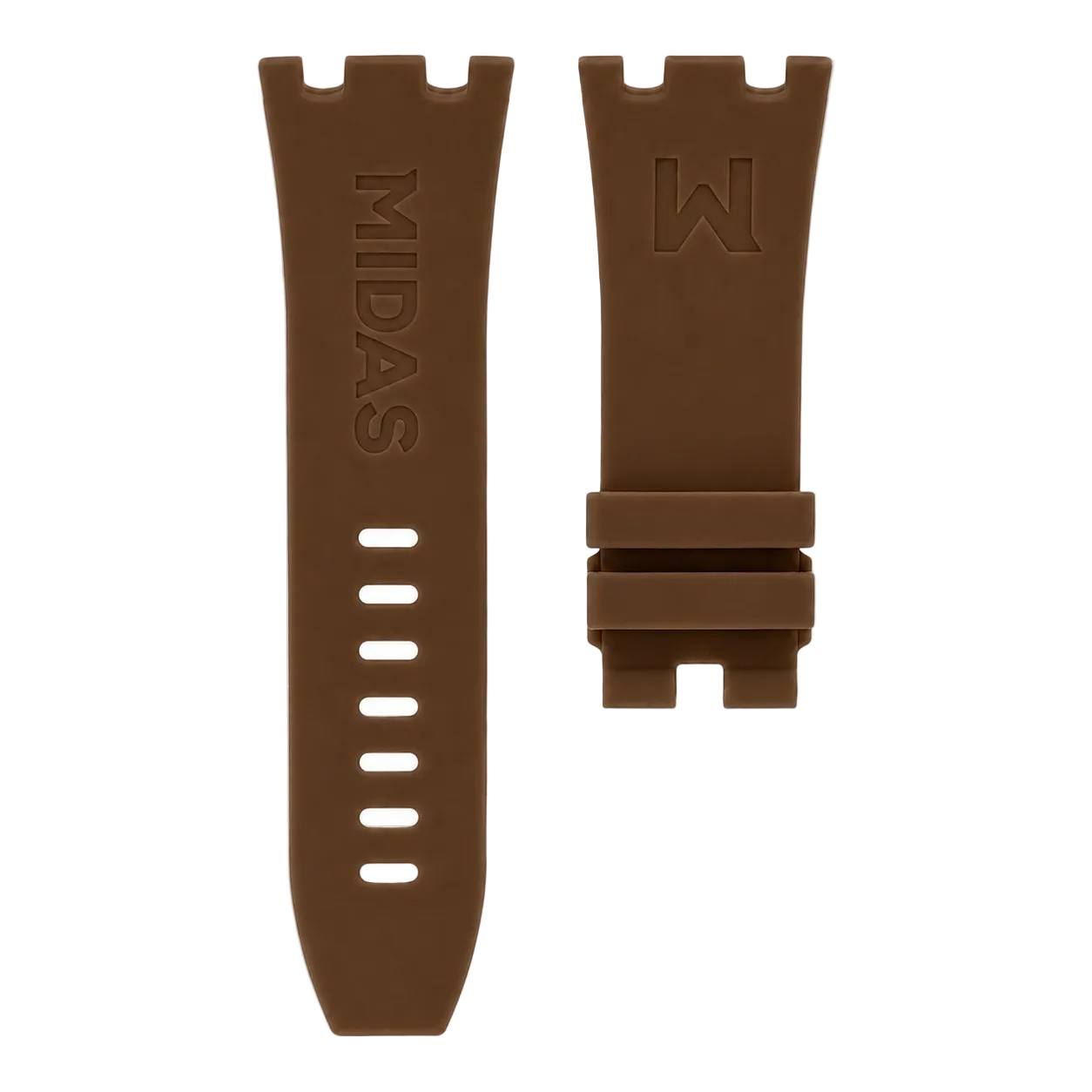 Brown replacement rubber strap for AP Royal Oak Offshore 26400 shown in flat lay with buckle and strap details.