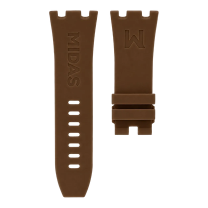 Brown replacement rubber strap for AP Royal Oak Offshore 26400 shown in flat lay with buckle and strap details.