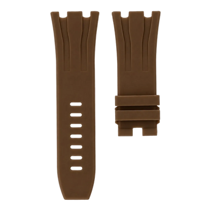 Brown replacement rubber strap for AP Royal Oak Offshore 26400 shown in flat lay with buckle and strap details.