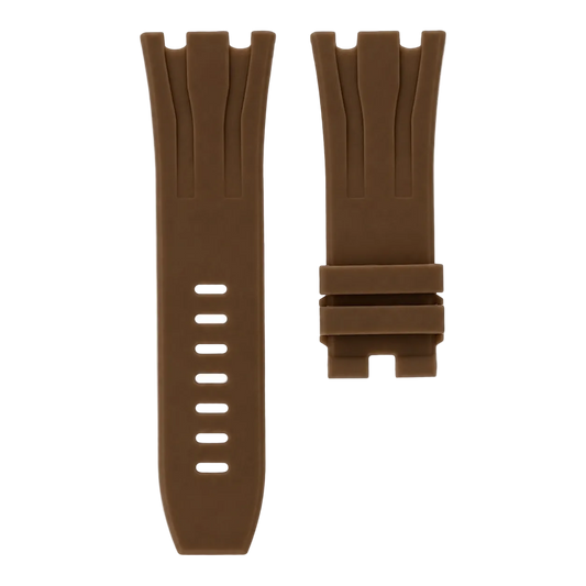 Brown replacement rubber strap for AP Royal Oak Offshore 26400 shown in flat lay with buckle and strap details.