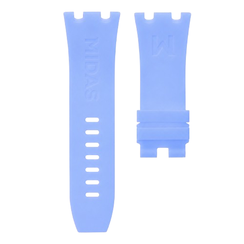 Transparent ice blue replacement rubber strap for AP Royal Oak Offshore 26400, white background flat lay product photograph with buckle detail.
