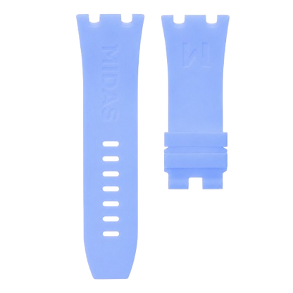 Transparent ice blue replacement rubber strap for AP Royal Oak Offshore 26400, white background flat lay product photograph with buckle detail.