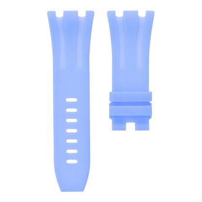 Transparent ice blue replacement rubber strap for Audemars Piguet Royal Oak Offshore 44mm by MIDAS Straps, white background flat lay product image.