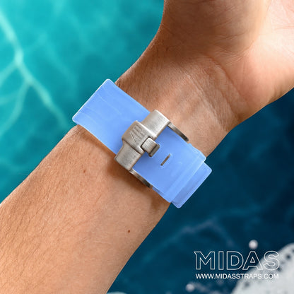 Rear wrist view of a transparent ice blue replacement rubber strap fitted to an AP Royal Oak Offshore 26400.