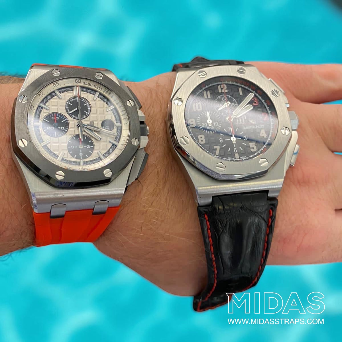 Comparison of two Audemars Piguet Royal Oak Offshore watches, including one fitted with a red replacement rubber strap beside a leather strap model.