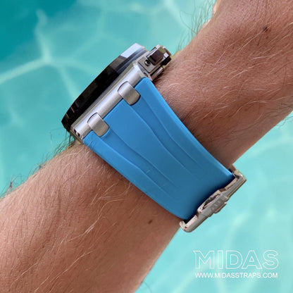 Side profile of a light blue replacement rubber strap fitted to an AP Royal Oak Offshore 26400 on wrist.