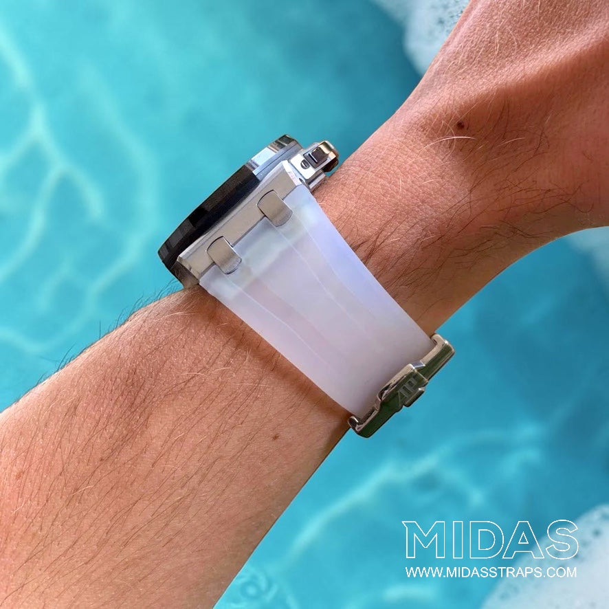 Rear wrist view of a transparent clear replacement rubber strap fitted to an AP Royal Oak Offshore watch.