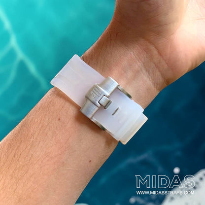 Side profile of a transparent clear replacement rubber strap fitted to an Audemars Piguet Royal Oak Offshore 44mm watch on wrist.