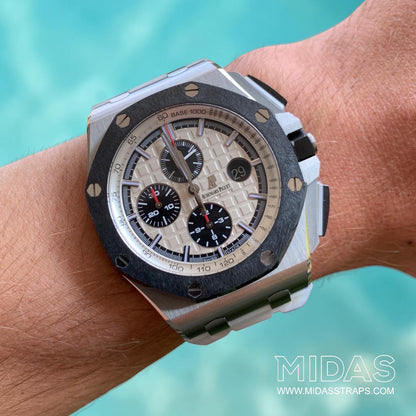 Audemars Piguet Royal Oak Offshore 44mm white OEM replacement strap worn on wrist MIDAS