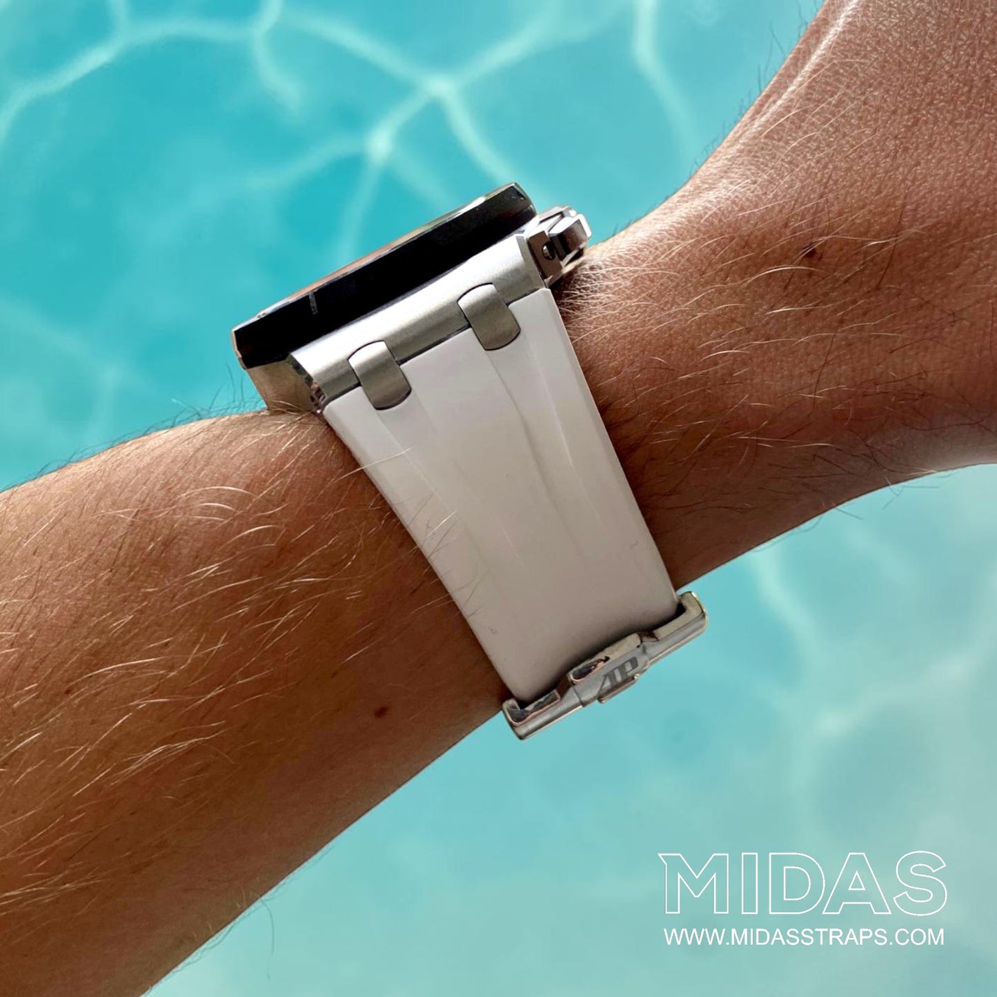 Rear wrist view of a white replacement rubber strap fitted to an AP Royal Oak Offshore 26400 on wrist.