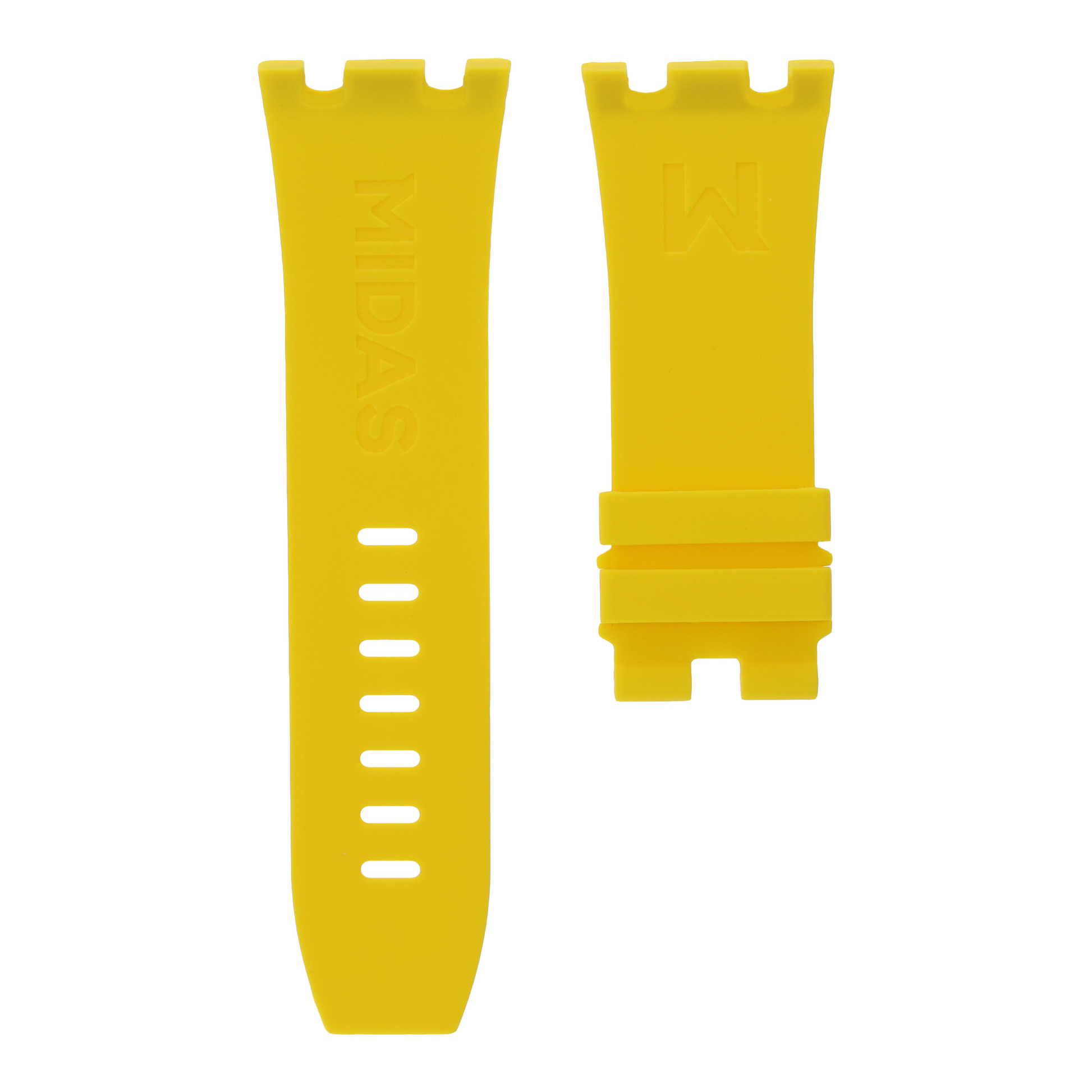 Yellow replacement rubber strap for AP Royal Oak Offshore 26400, white background flat lay product photograph with buckle detail.