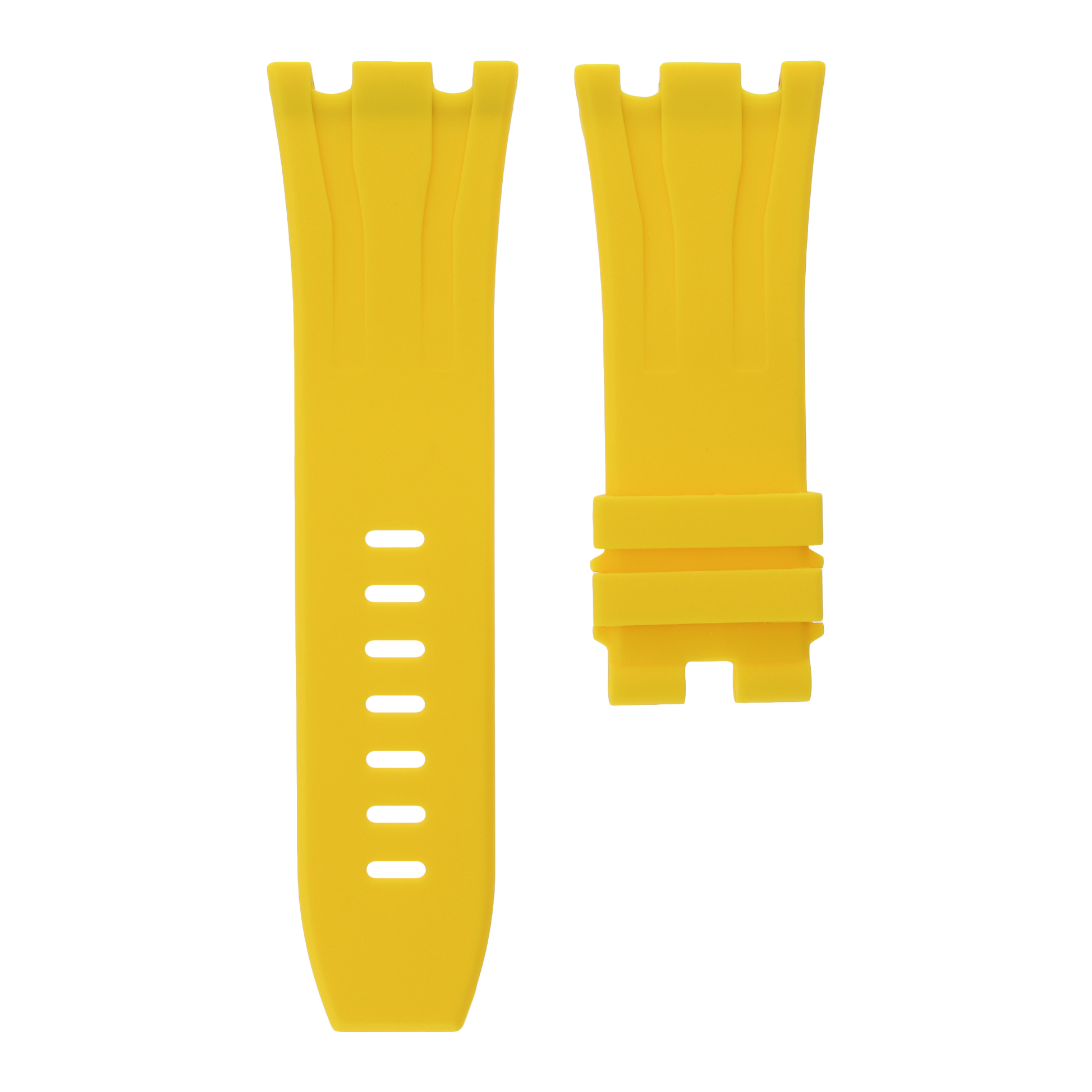 Yellow replacement rubber strap for Audemars Piguet Royal Oak Offshore 44mm by MIDAS Straps, white background flat lay product image.