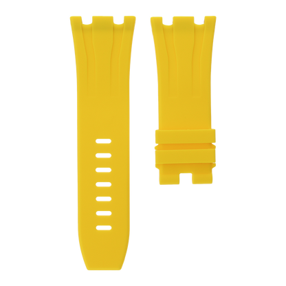 Yellow replacement rubber strap for Audemars Piguet Royal Oak Offshore 44mm by MIDAS Straps, white background flat lay product image.