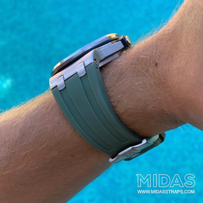 AP Royal Oak Offshore 42mm khaki green rubber replacement strap worn on wrist poolside MIDAS