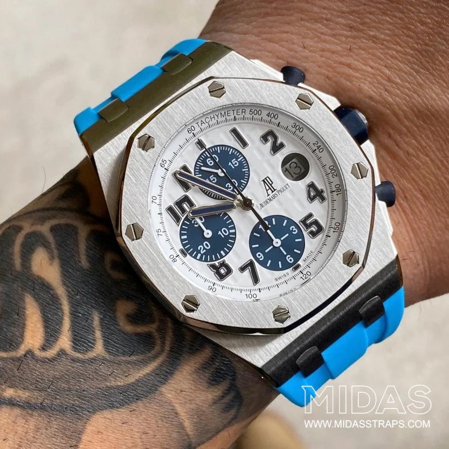 MIDAS AP Royal Oak Offshore Diver 15710ST blue rubber replacement strap wrist shot