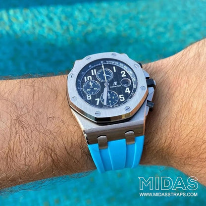 AP Royal Oak Offshore 15710ST blue rubber strap wrist shot close up MIDAS straps