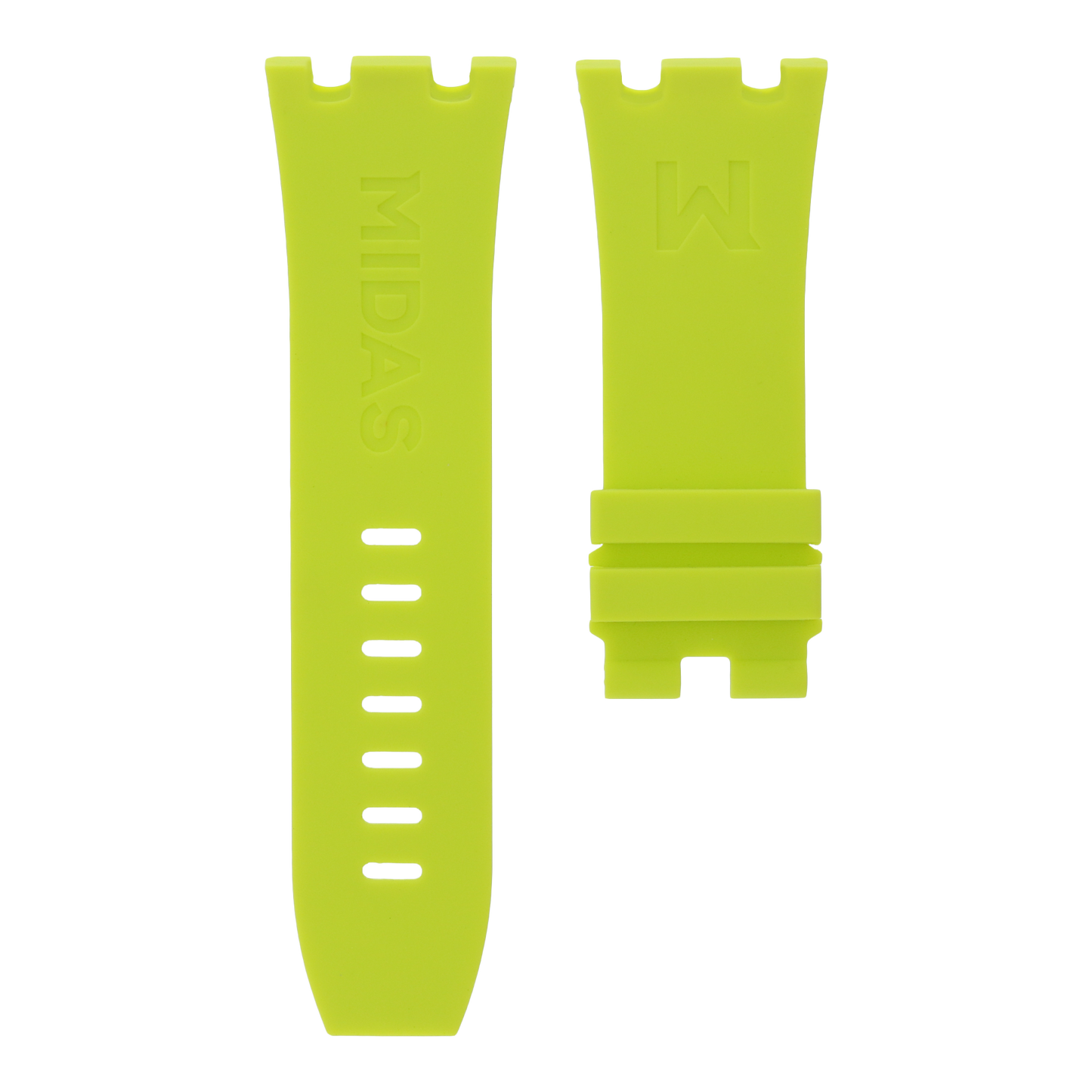 Acid lime green replacement rubber strap for AP Royal Oak Offshore 26400, white background flat lay product photograph with buckle detail.
