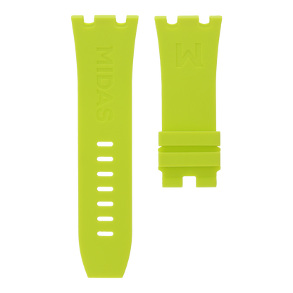 Acid lime green replacement rubber strap for AP Royal Oak Offshore 26400, white background flat lay product photograph with buckle detail.