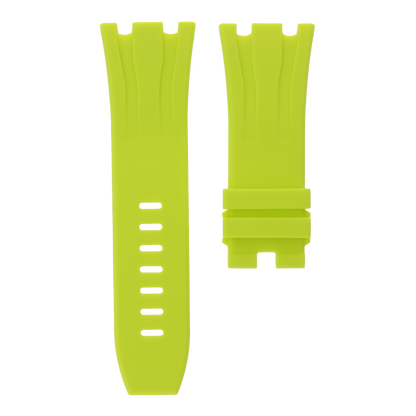 Acid lime green replacement rubber strap for Audemars Piguet Royal Oak Offshore 44mm by MIDAS Straps, white background flat lay product image.