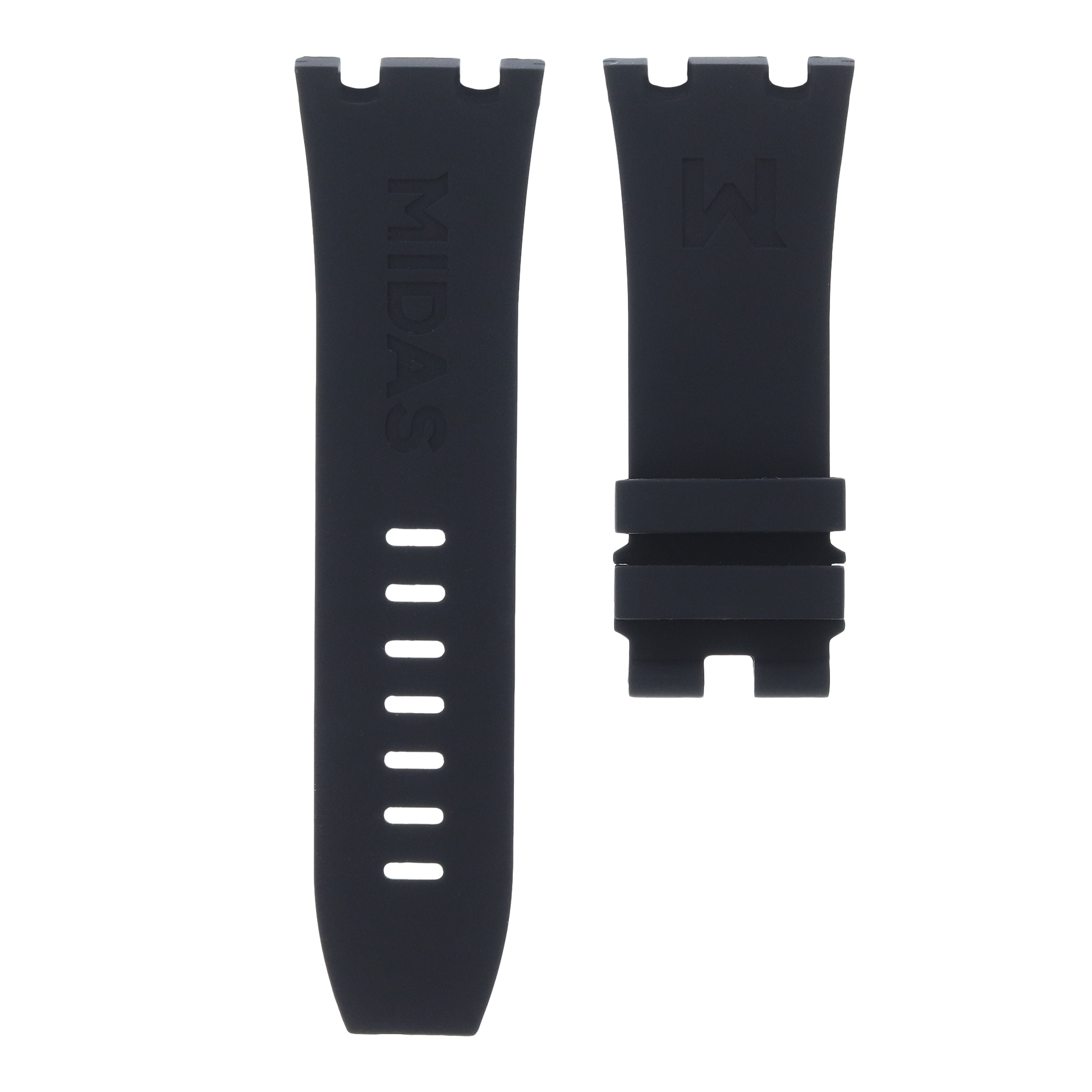 Black OEM replacement rubber strap for AP Royal Oak Offshore 26400, white background flat lay product photograph with buckle detail.