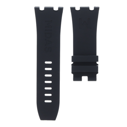 Black OEM replacement rubber strap for AP Royal Oak Offshore 26400, white background flat lay product photograph with buckle detail.