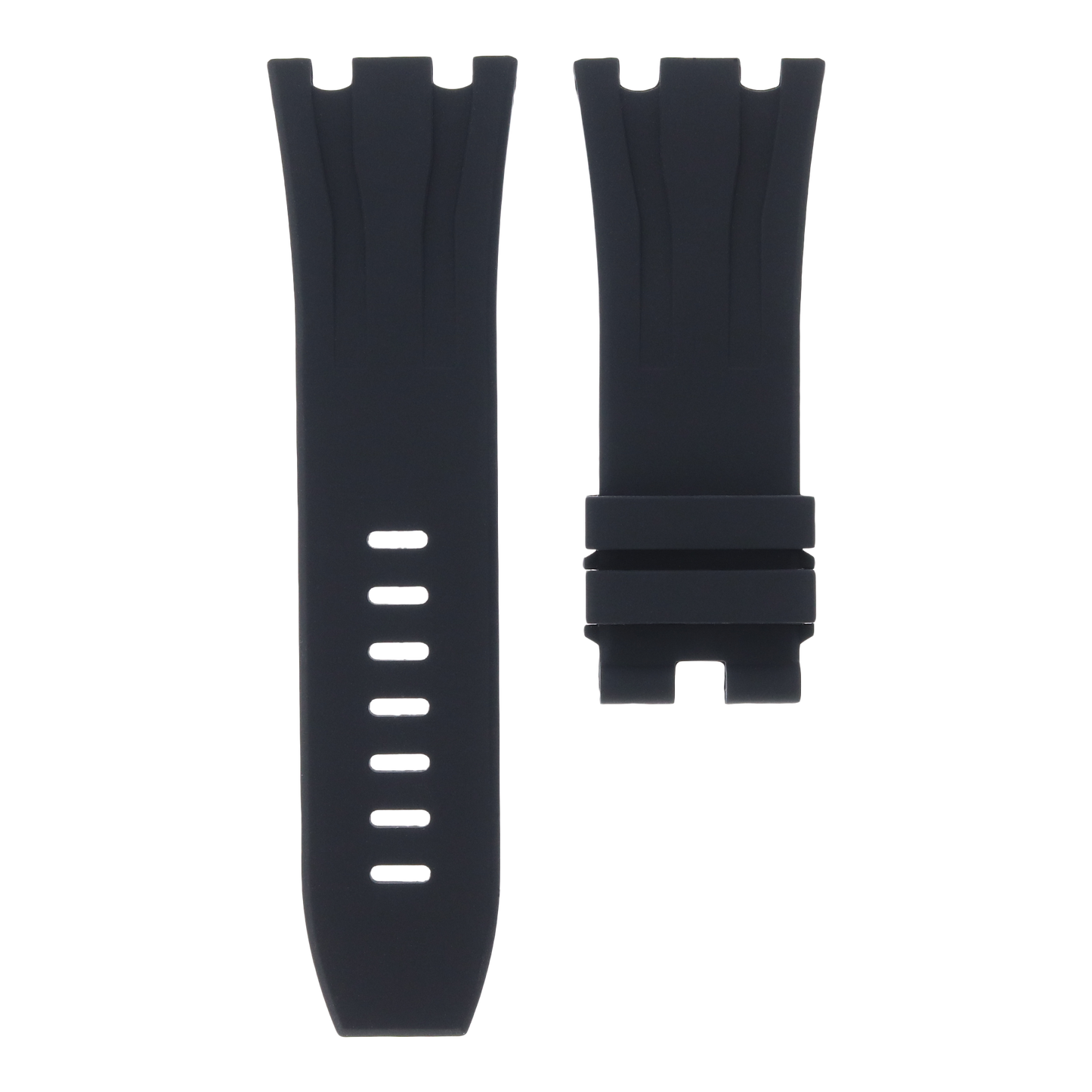 Black OEM replacement rubber strap for Audemars Piguet Royal Oak Offshore 44mm by MIDAS Straps, white background flat lay product image.