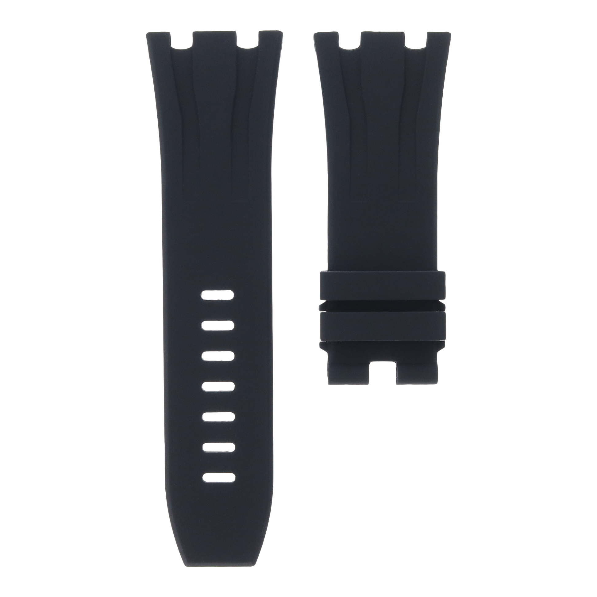 Black OEM replacement rubber strap for Audemars Piguet Royal Oak Offshore 44mm by MIDAS Straps, white background flat lay product image.