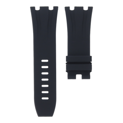 Black OEM replacement rubber strap for Audemars Piguet Royal Oak Offshore 44mm by MIDAS Straps, white background flat lay product image.