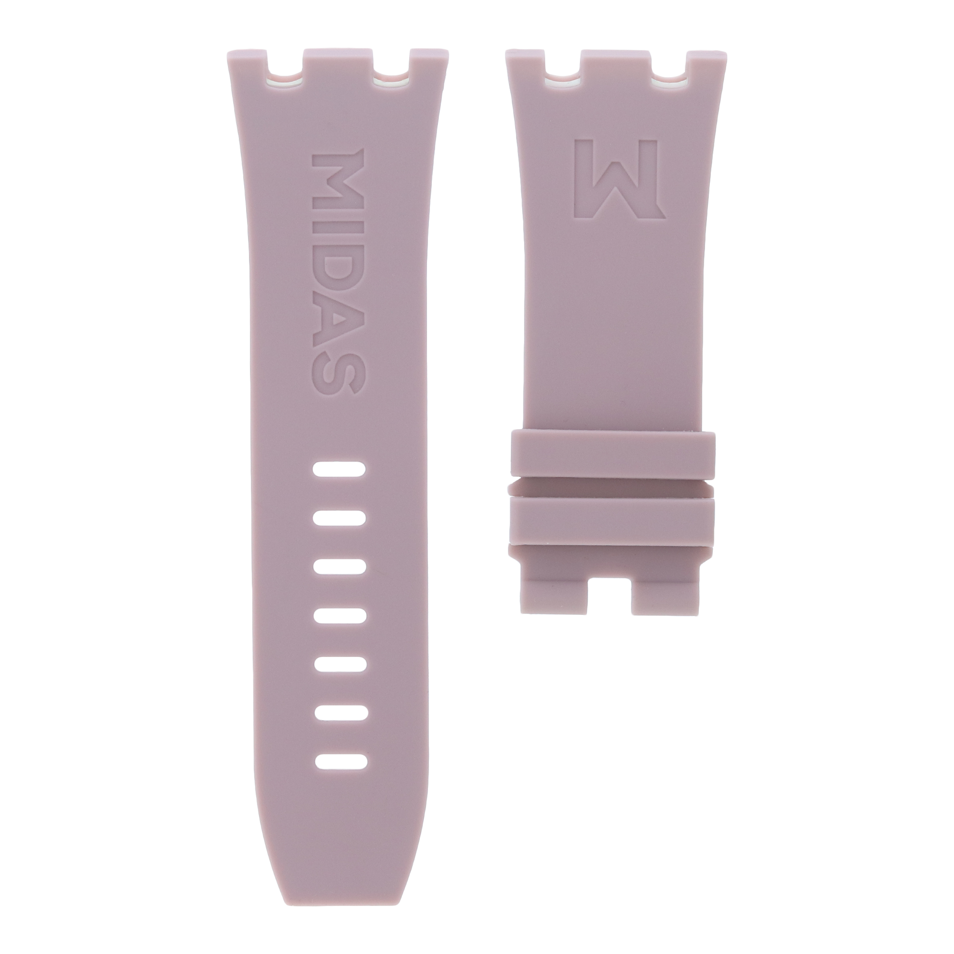 Blush pink grey replacement rubber strap for AP Royal Oak Offshore 26400, white background flat lay product photograph with buckle detail.