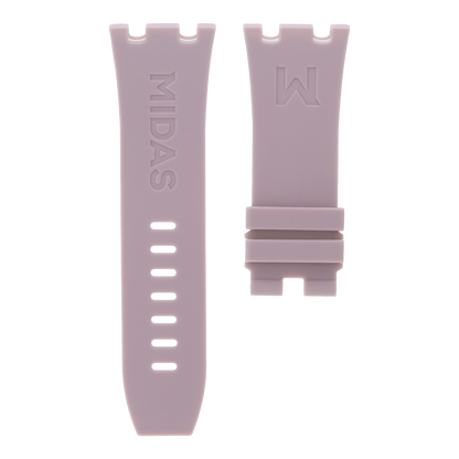 Blush pink grey replacement rubber strap for AP Royal Oak Offshore 26400, white background flat lay product photograph with buckle detail.