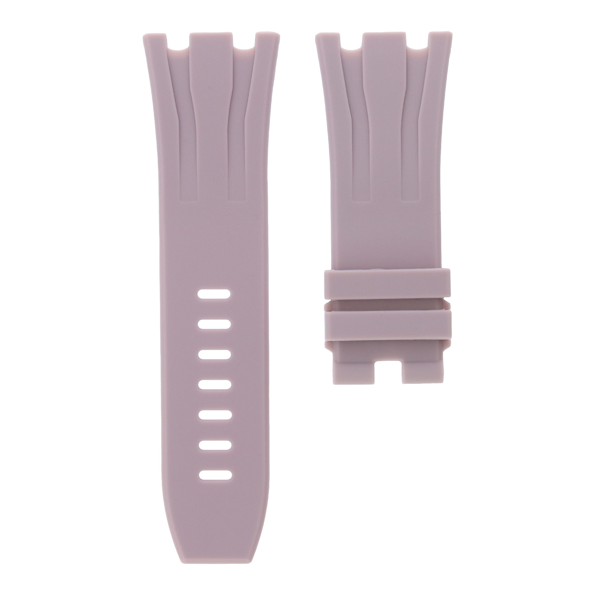 Blush pink grey replacement rubber strap for Audemars Piguet Royal Oak Offshore 44mm by MIDAS Straps, white background flat lay product image.