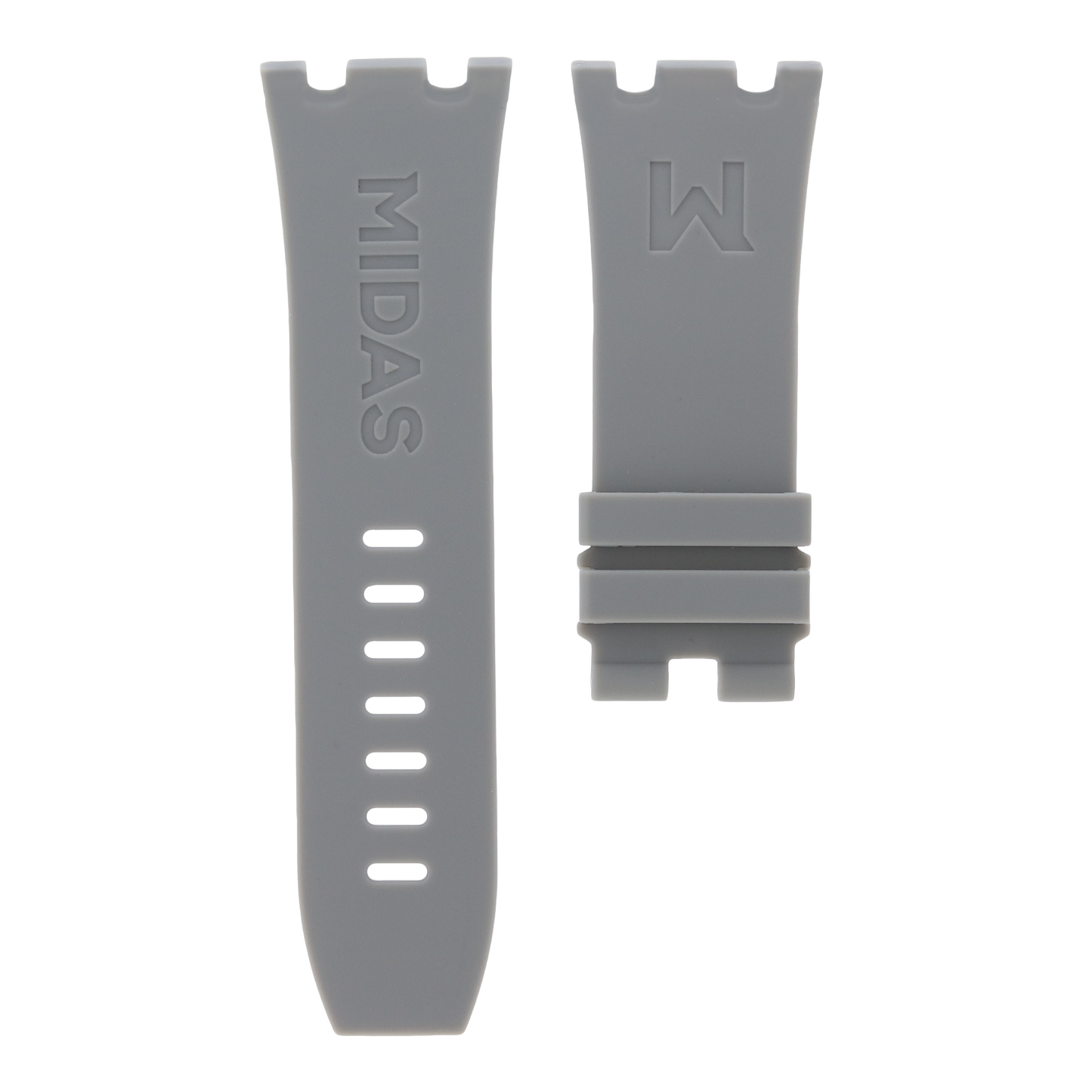 Grey replacement rubber strap for AP Royal Oak Offshore 26400, white background flat lay product photograph with buckle detail.