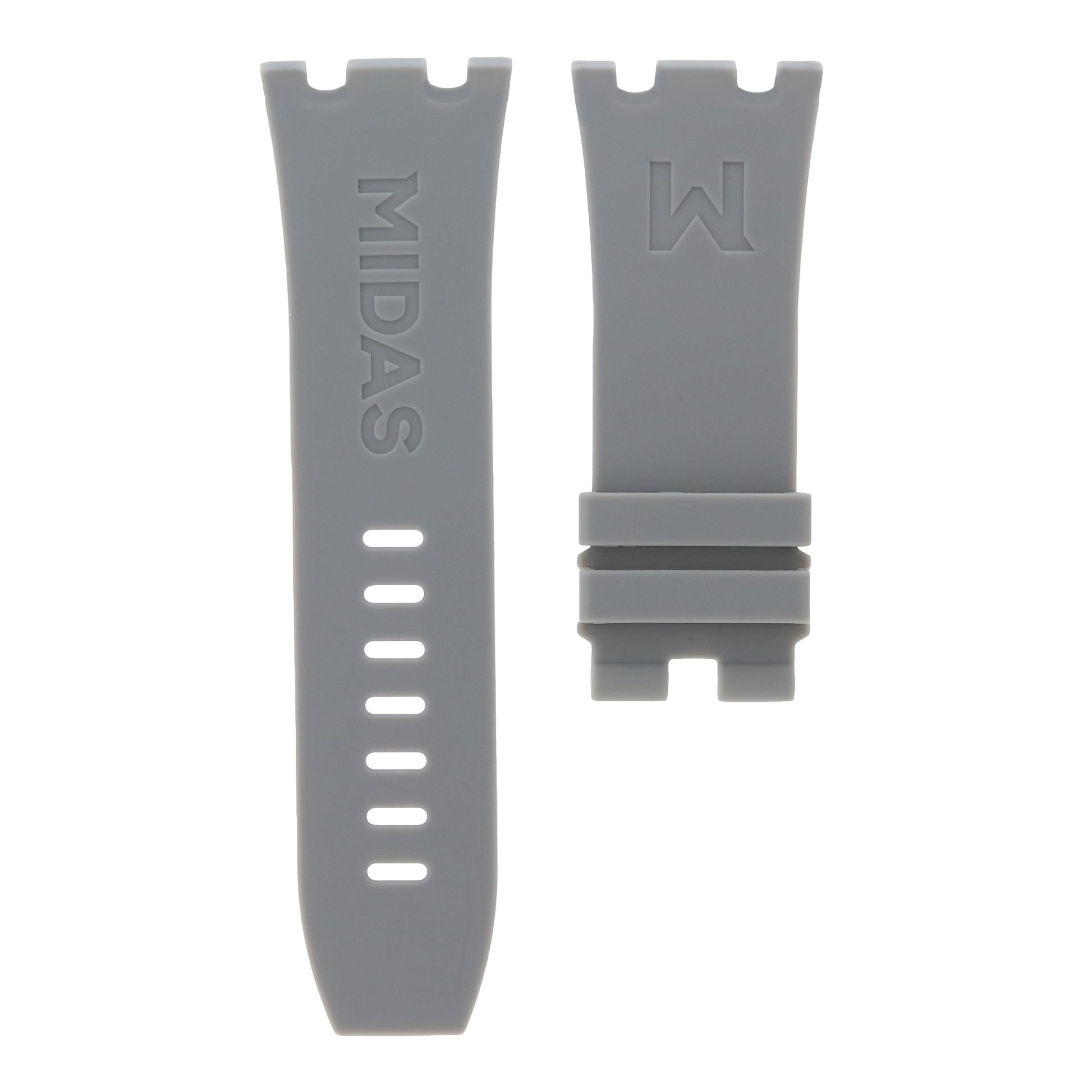 Grey replacement rubber strap for AP Royal Oak Offshore 26400, white background flat lay product photograph with buckle detail.