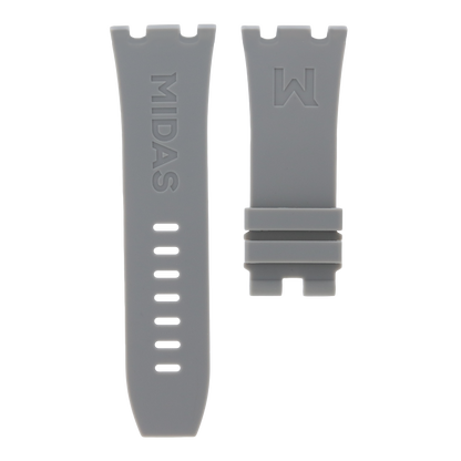 Grey replacement rubber strap for AP Royal Oak Offshore 26400, white background flat lay product photograph with buckle detail.
