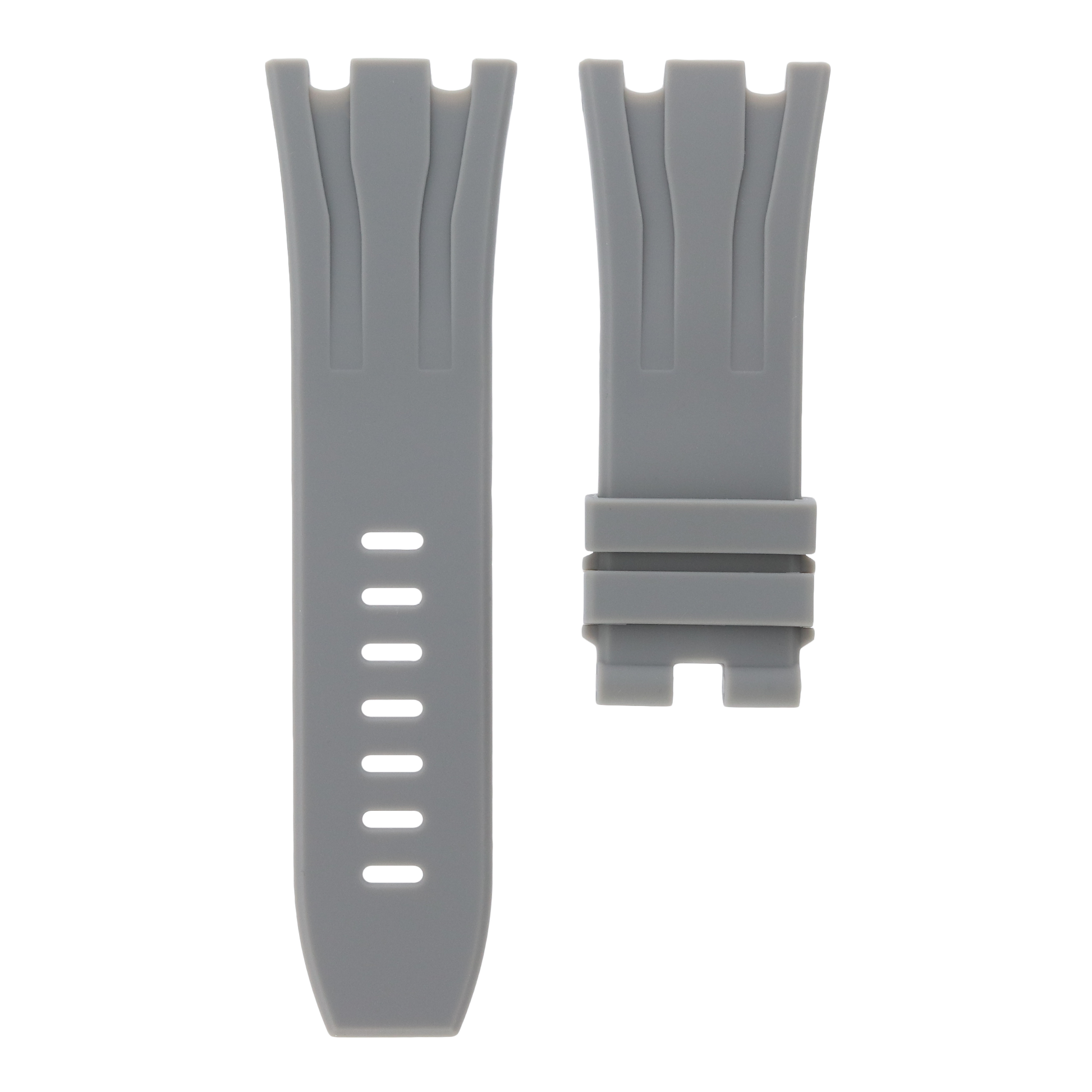 Grey replacement rubber strap for Audemars Piguet Royal Oak Offshore 44mm by MIDAS Straps, white background flat lay product image.