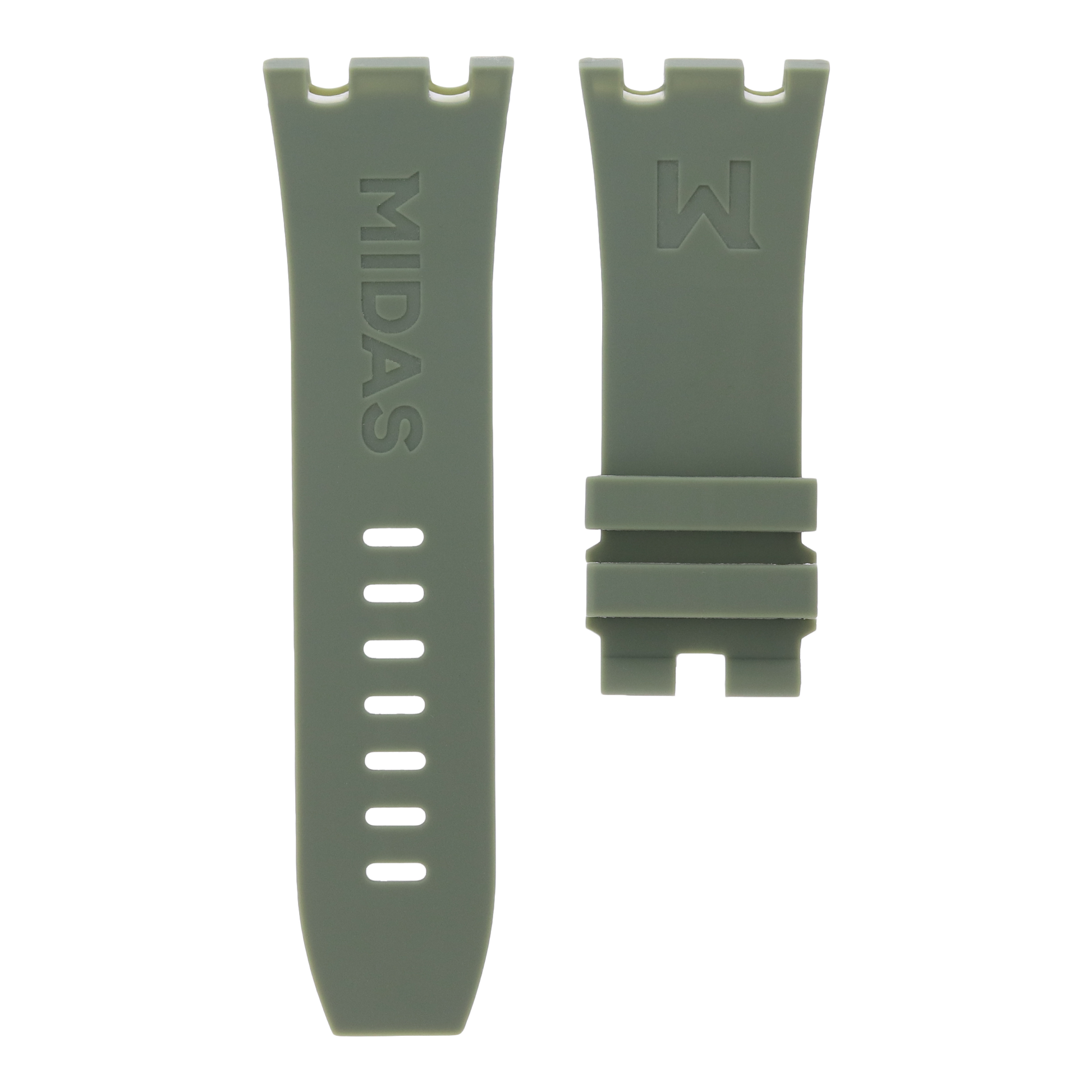 Khaki green replacement rubber strap for AP Royal Oak Offshore 26400, white background flat lay product photograph with buckle detail.