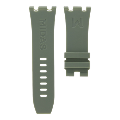 Khaki green replacement rubber strap for AP Royal Oak Offshore 26400, white background flat lay product photograph with buckle detail.