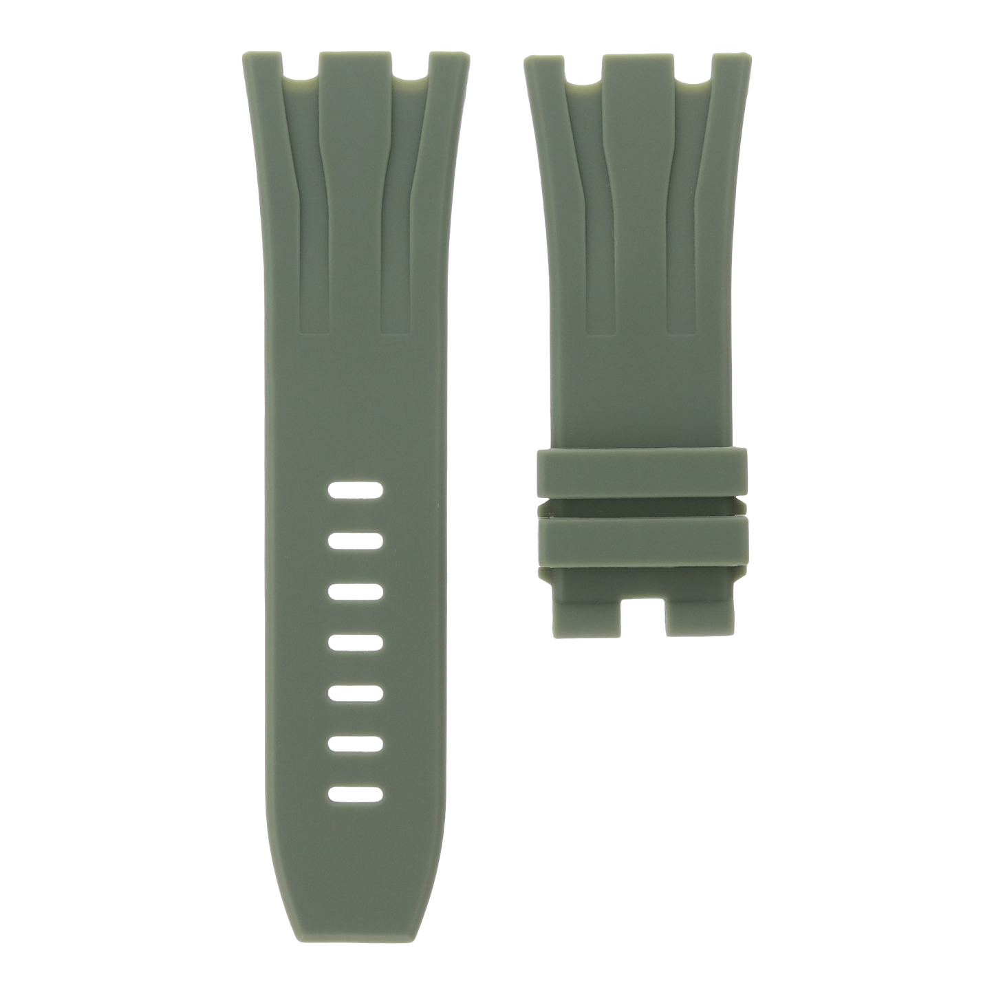 Khaki green replacement rubber strap for Audemars Piguet Royal Oak Offshore 44mm by MIDAS Straps, white background flat lay product image.