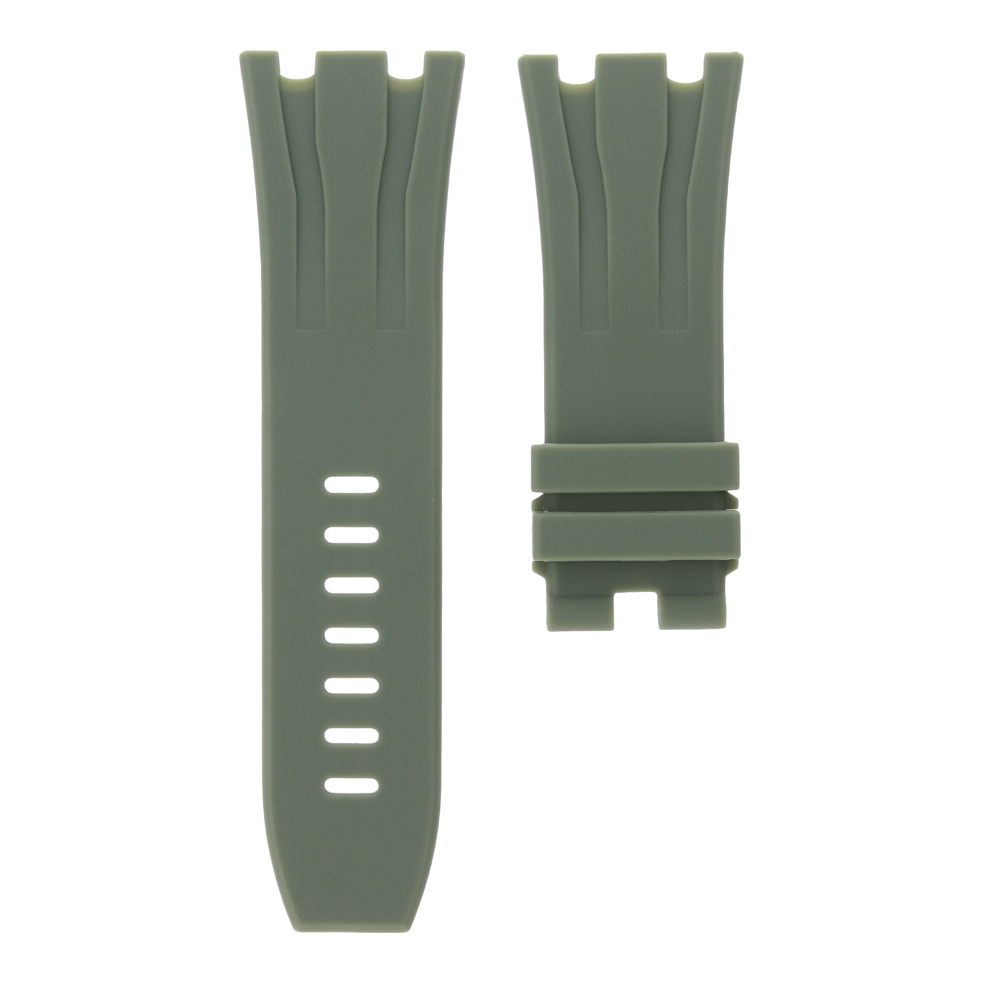 Khaki green replacement rubber strap for Audemars Piguet Royal Oak Offshore 44mm by MIDAS Straps, white background flat lay product image.